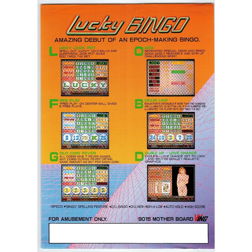 Lucky Bingo 9015 Mother Board Arcade Flyer 1980s Vintage Amusement